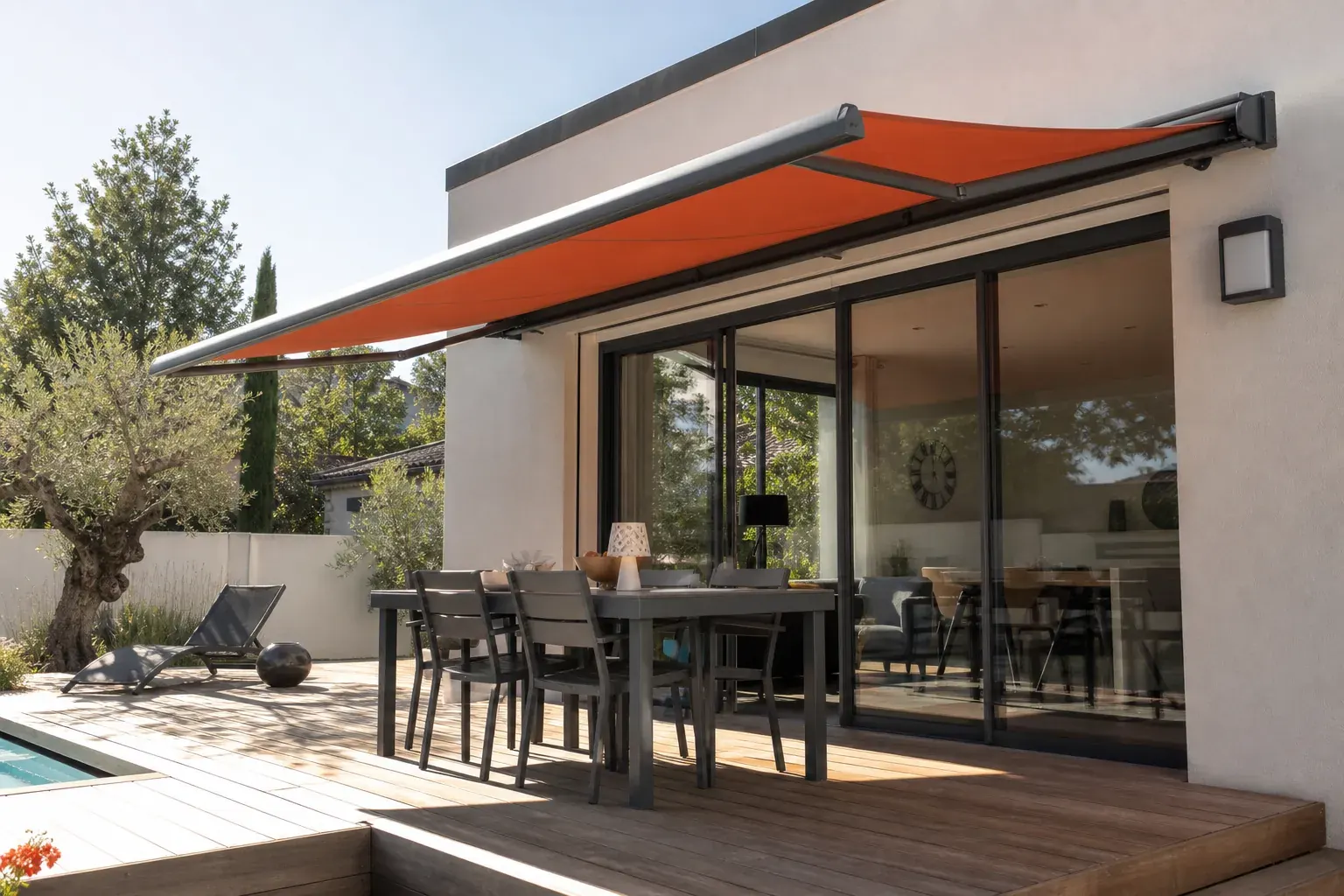La même façade équipée d’un store banne aluminium et toile terre cuite déployé