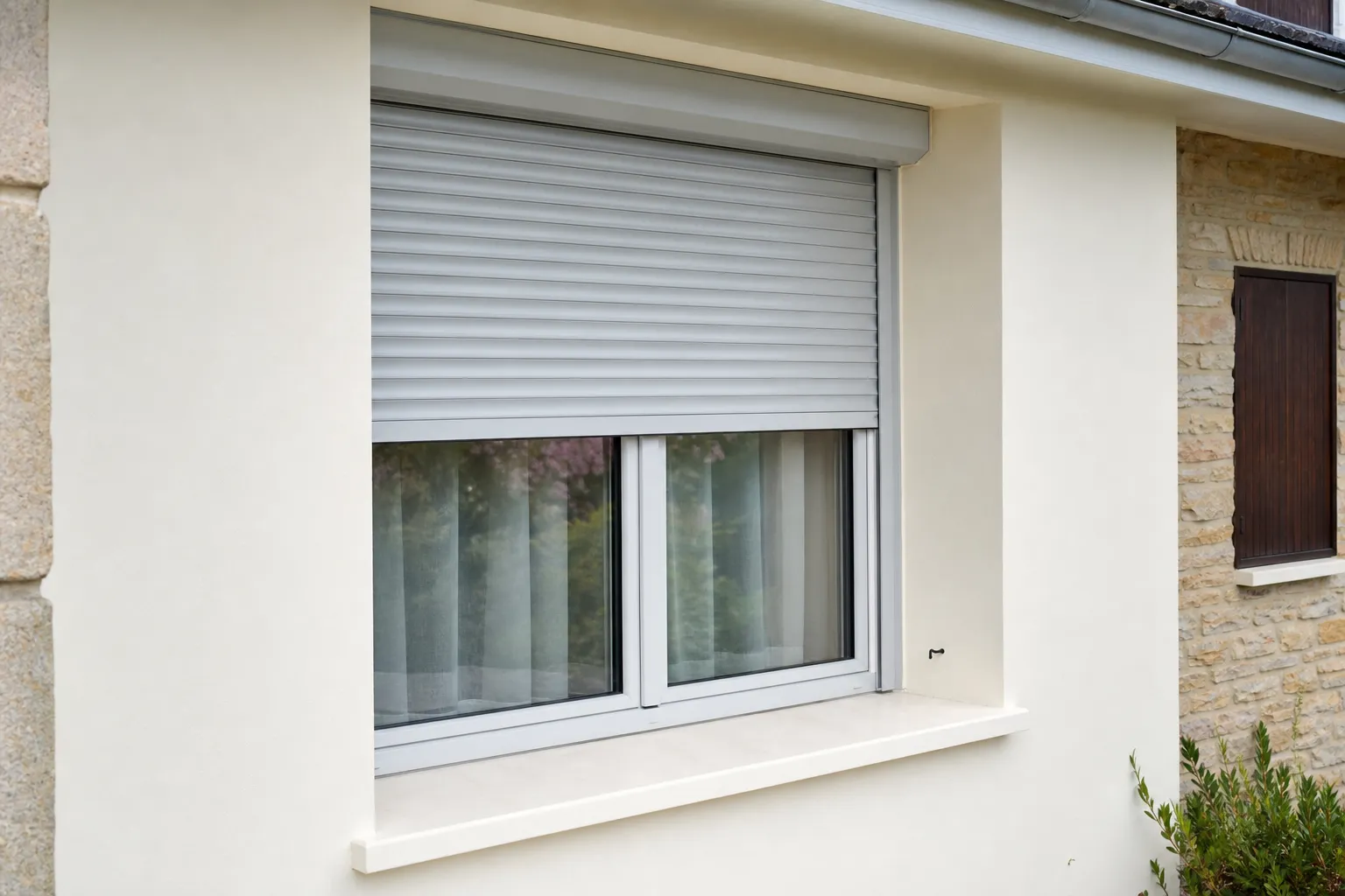 La même fenêtre équipée d’un volet roulant aluminium neuf gris clair
