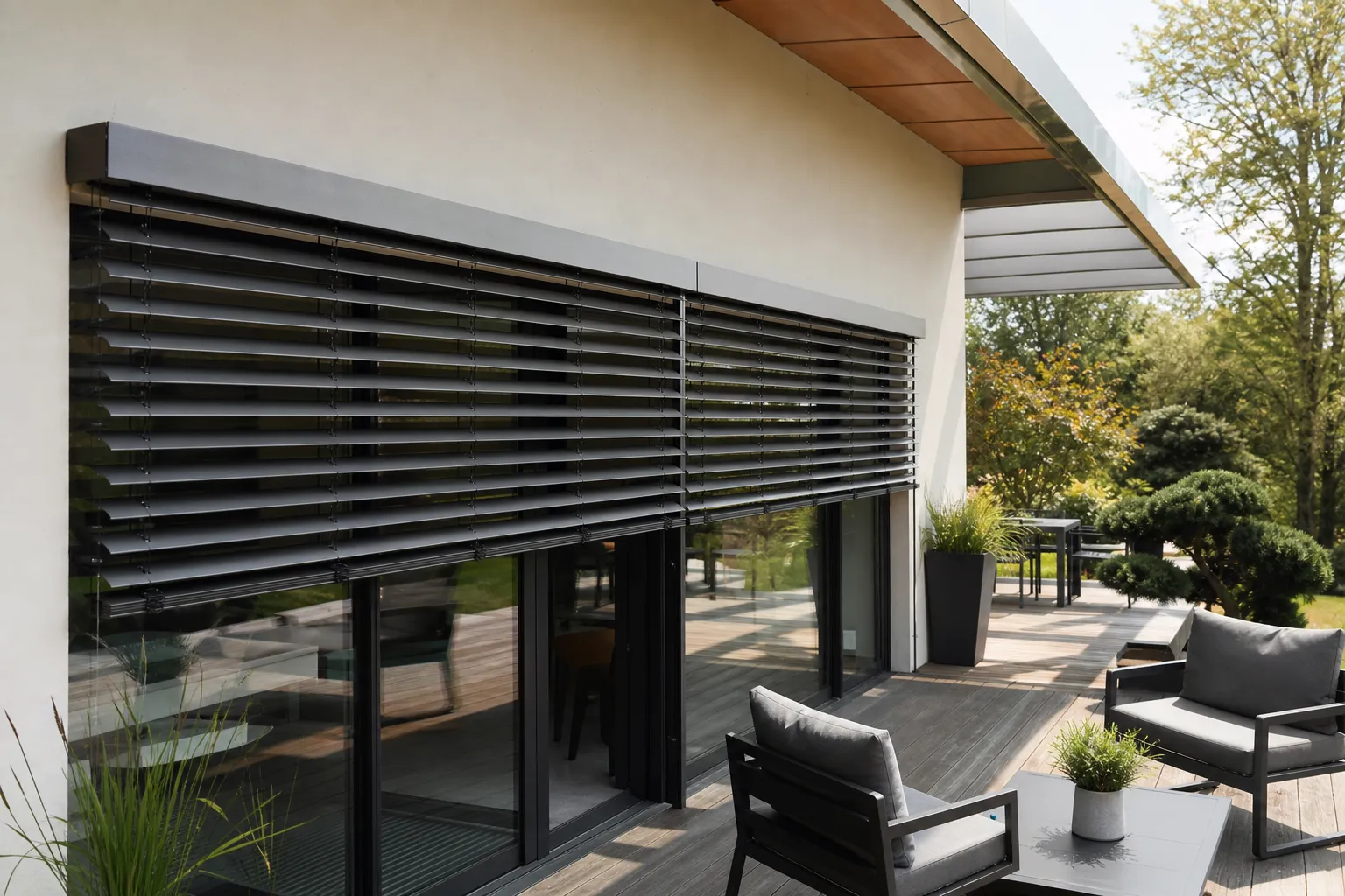 Brise-soleil orientable à lames aluminium horizontales fixé en façade au-dessus d’une baie vitrée