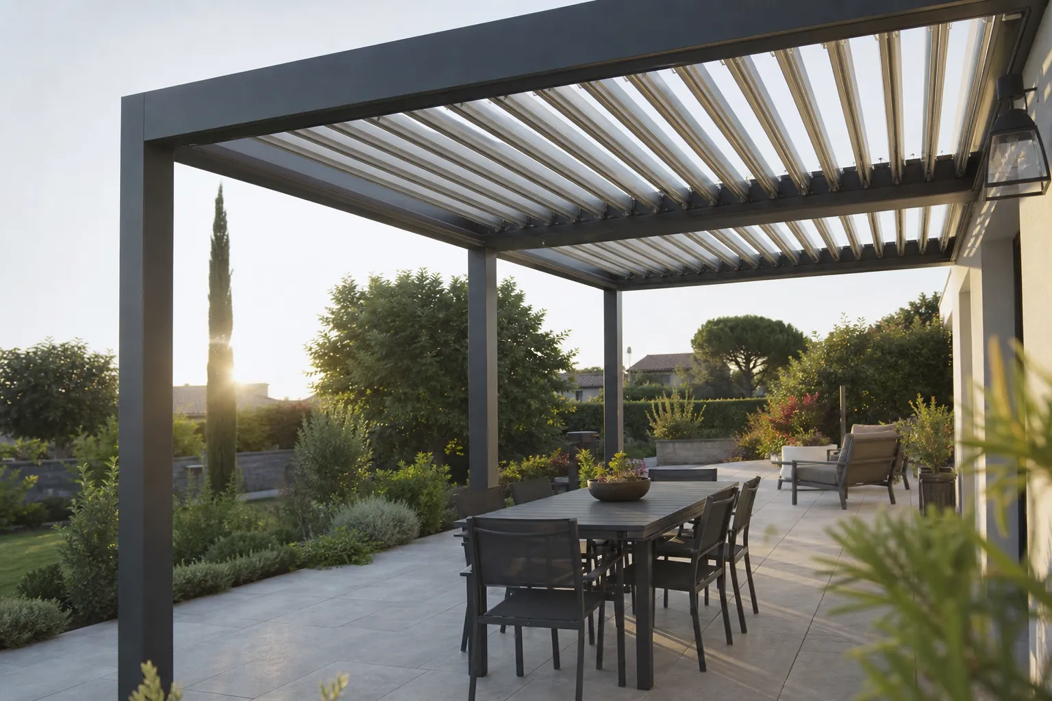 Pergola bioclimatique aluminium gris anthracite aux lames orientables mi-ouvertes sur une terrasse dallée
