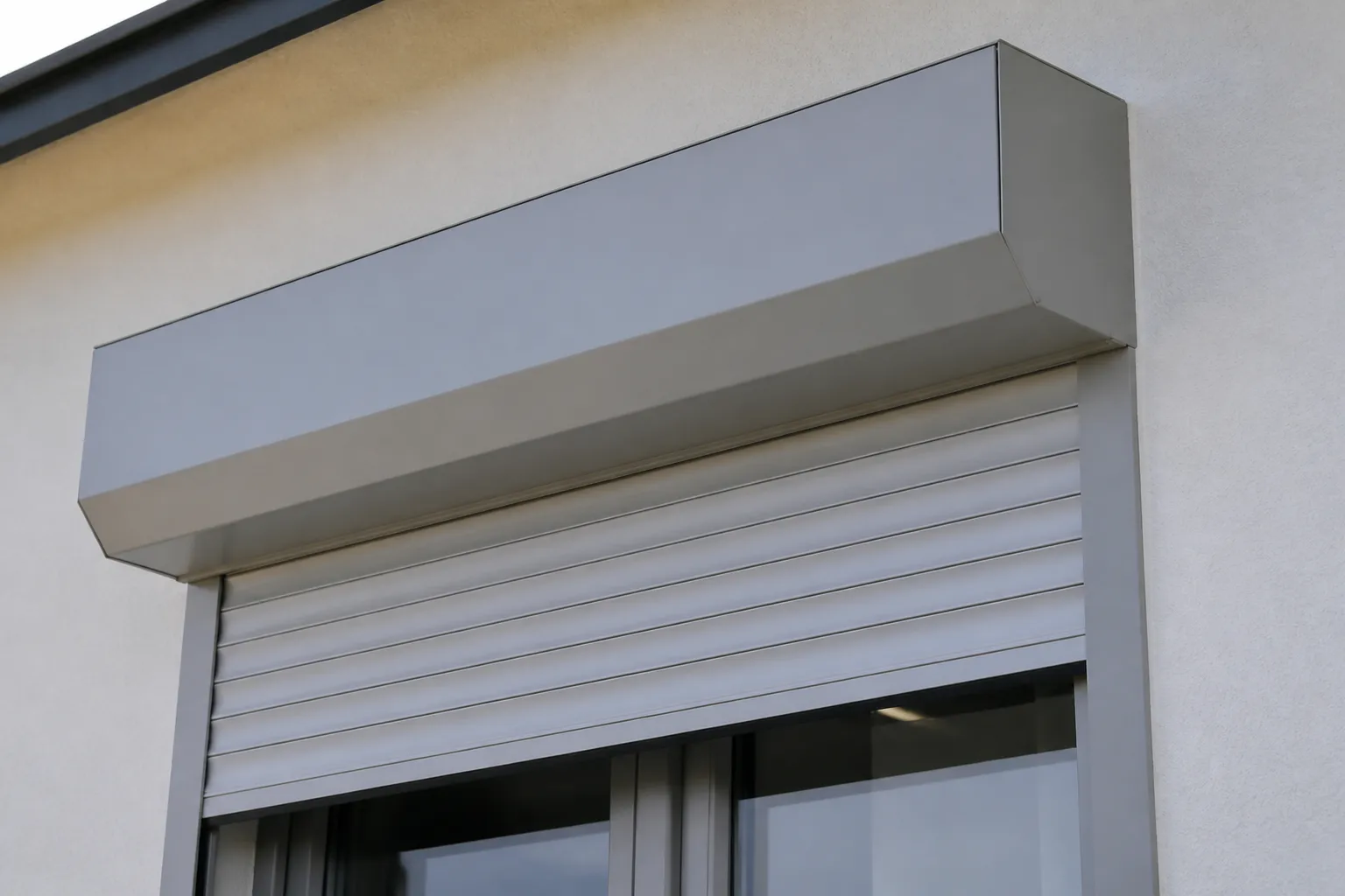 Détail d’un coffre de volet roulant aluminium gris clair au-dessus d’une fenêtre, lames à mi-fermeture