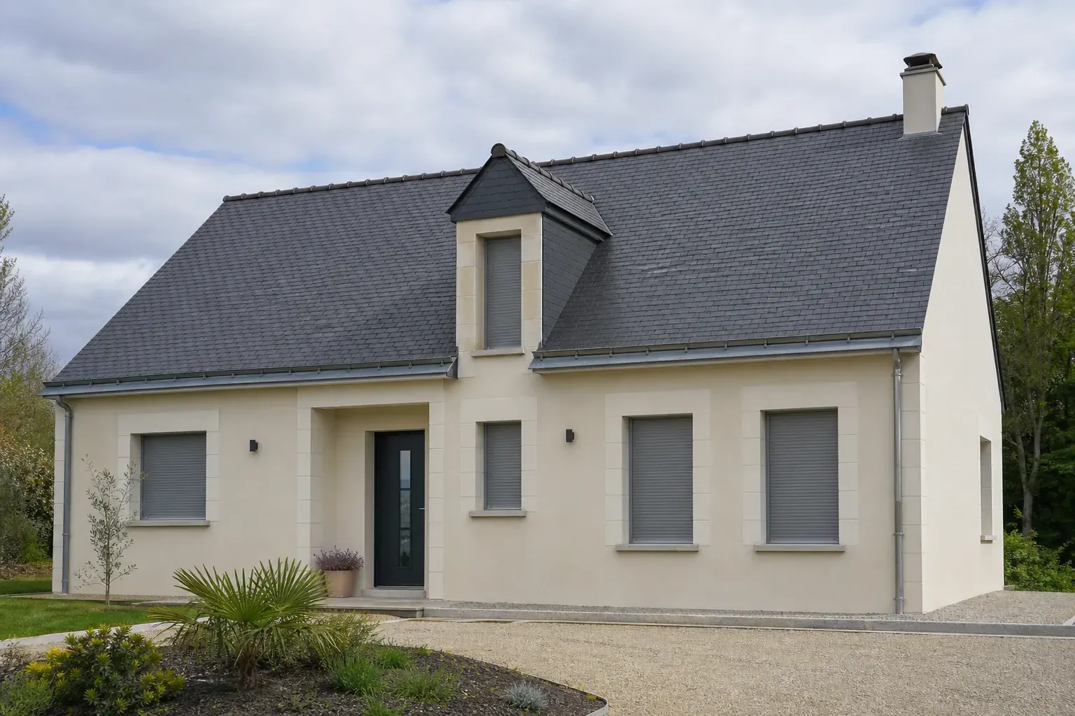Maison avec toiture d’ardoise sombre typique de l’Anjou, façade claire, volets roulants aluminium gris