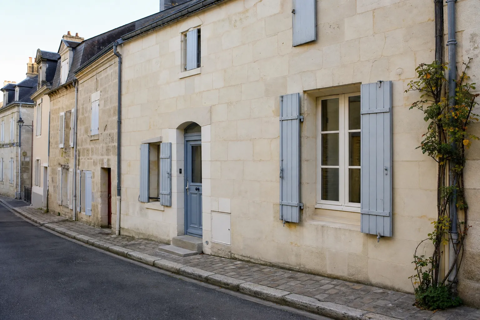 Façade de maison ancienne en pierre de tuffeau clair avec volets battants bois repeints, centre-bourg angevin